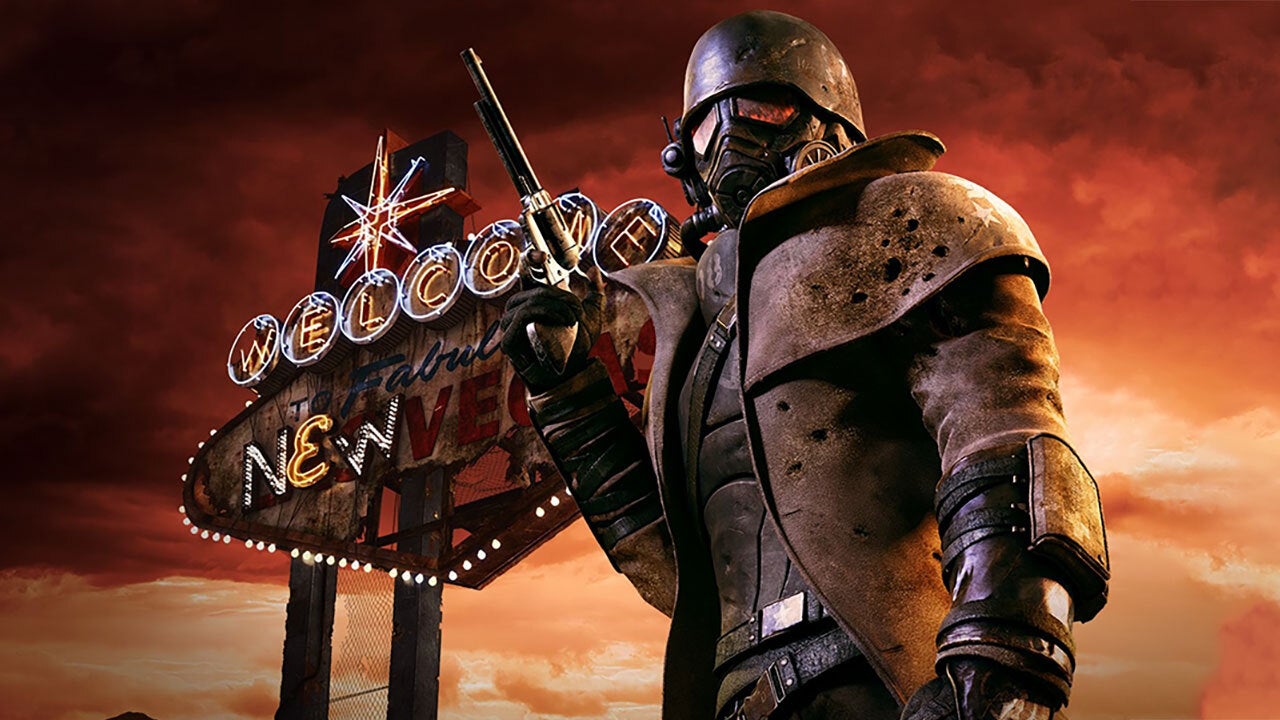 Soldado republicano con armadura retrofuturista frente al cartel de las vegas devastado