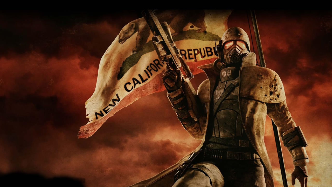 Soldado republicano con armadura retrofuturista frente a la bandera de la nueva republica de california